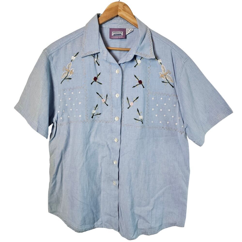 Vintage Denim Blouse Women 1x Blue Floral Butterfly Cottage Preppy 90s Granny